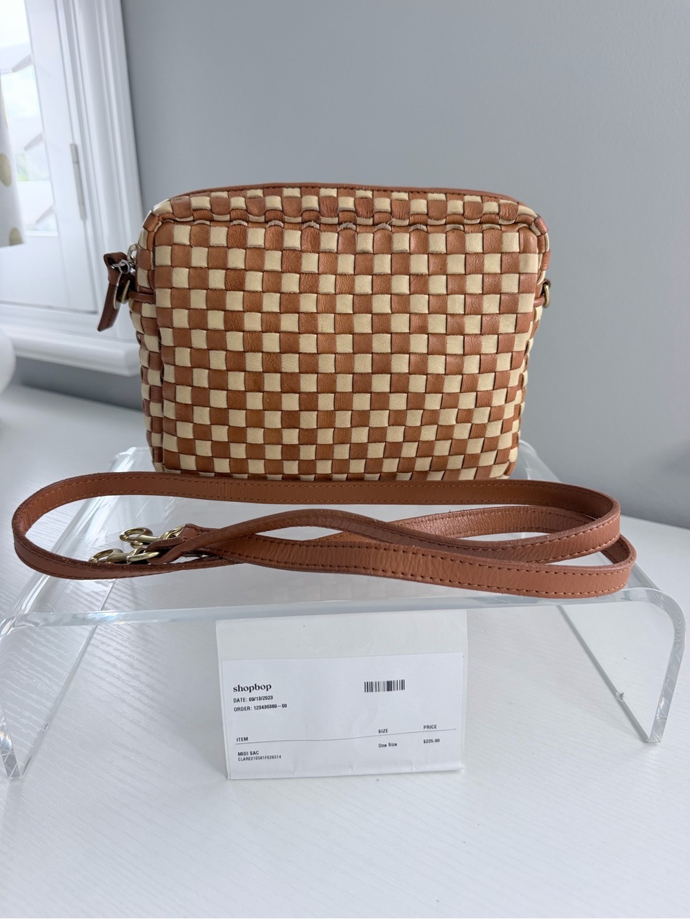 Clare V Midi Sac Bag Woven Checker Crossbody Bag in Tan and Cream